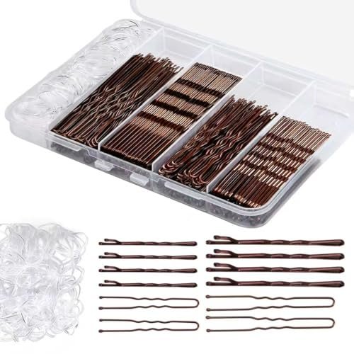 300 Pcs Bobby Pins Hair Pins Kit with Storage Box - Brown Non-Slip Bobby Pins, Invisible Hair Pins, and Clear Hair Elastics for All Hair Types - görsel 1