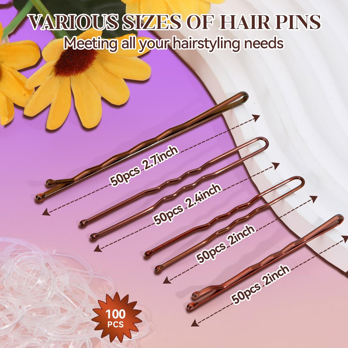 300 Pcs Bobby Pins Hair Pins Kit with Storage Box - Brown Non-Slip Bobby Pins, Invisible Hair Pins, and Clear Hair Elastics for All Hair Types - görsel 4