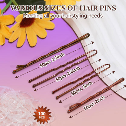 300 Pcs Bobby Pins Hair Pins Kit with Storage Box - Brown Non-Slip Bobby Pins, Invisible Hair Pins, and Clear Hair Elastics for All Hair Types