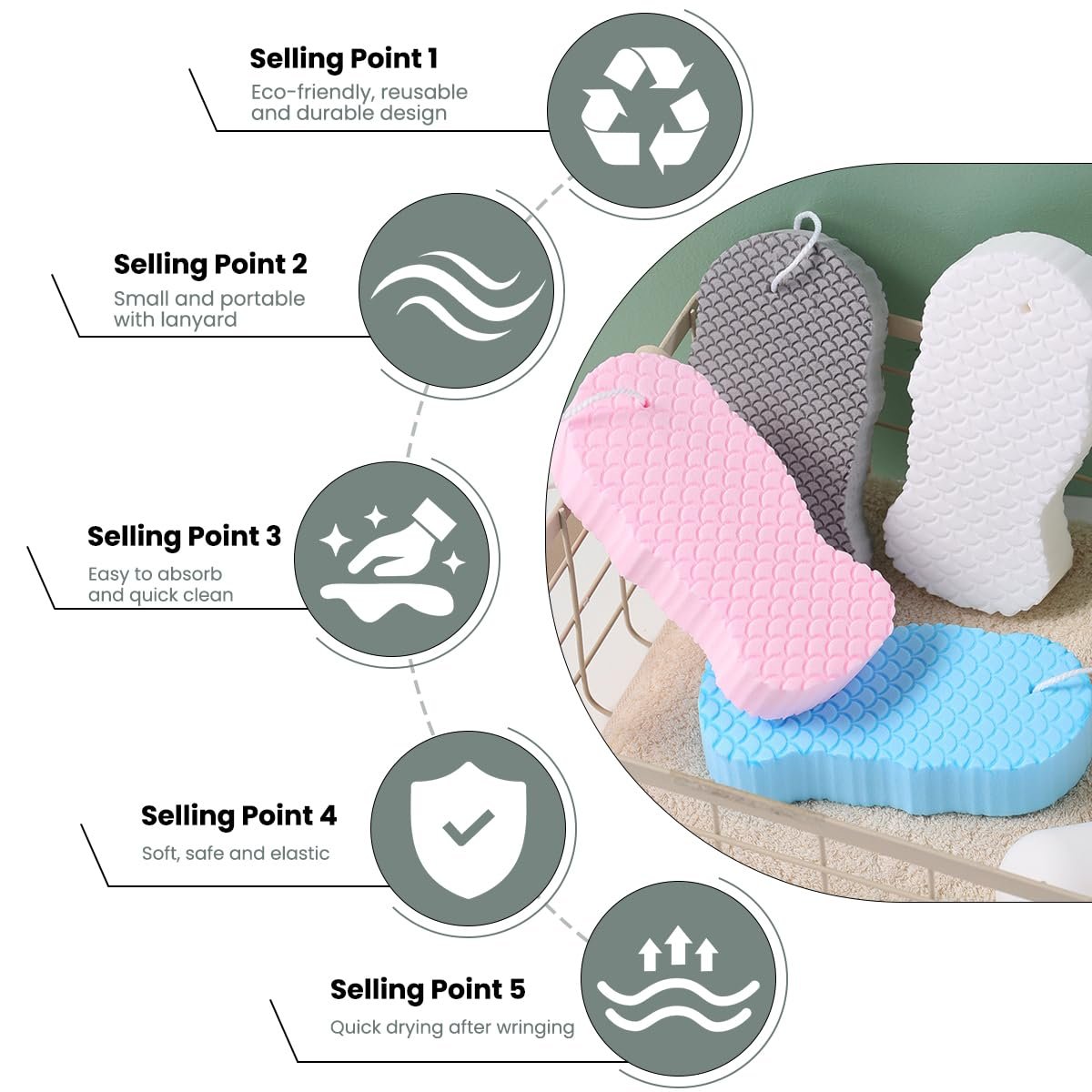 PMLQZA 4-Pack Magic Exfoliating Bath Sponge – 3D Super Soft Body Scrubber for Dead Skin Removal, Reusable Handheld Shower Brush for Men & Women (Blue, White, Pink, Gray) Avelisse