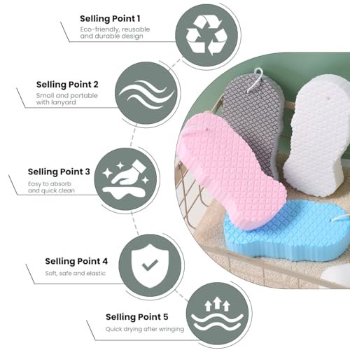 PMLQZA 4-Pack Magic Exfoliating Bath Sponge – 3D Super Soft Body Scrubber for Dead Skin Removal, Reusable Handheld Shower Brush for Men & Women (Blue, White, Pink, Gray) Avelisse