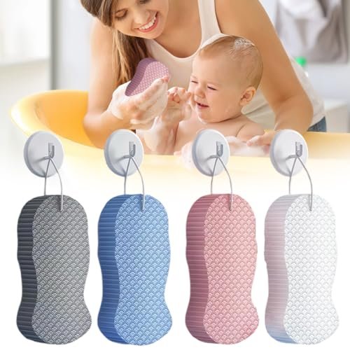 PMLQZA 4-Pack Magic Exfoliating Bath Sponge – 3D Super Soft Body Scrubber for Dead Skin Removal, Reusable Handheld Shower Brush for Men & Women (Blue, White, Pink, Gray) Avelisse