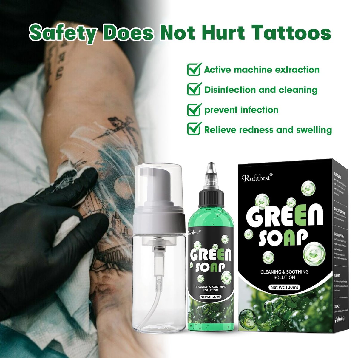 Rofitbest Green Tattoo Soap 4OZ with Foaming Bottle (120ml) – Tattoo Aftercare & Piercing Supplies - görsel 11