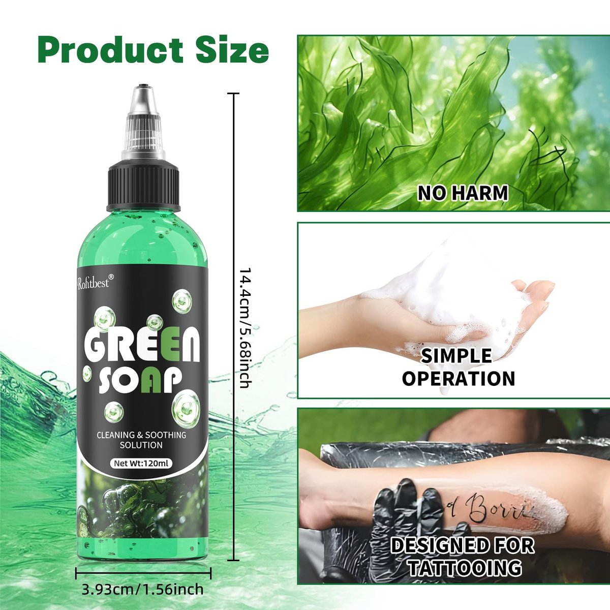 Rofitbest Green Tattoo Soap 4OZ with Foaming Bottle (120ml) – Tattoo Aftercare & Piercing Supplies - görsel 5
