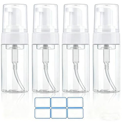 AskBed 4 Pack 3.4 Oz (100ml) TSA Approved Travel Size Foam Pump Bottles - Clear Leak Proof Travel Containers with Labels