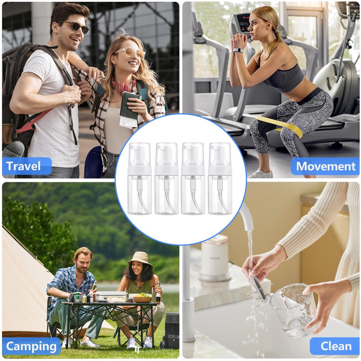AskBed 4 Pack 3.4 Oz (100ml) TSA Approved Travel Size Foam Pump Bottles - Clear Leak Proof Travel Containers with Labels - görsel 11