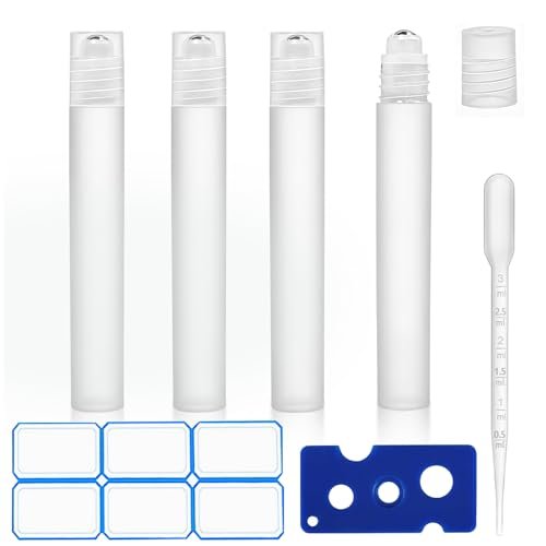 AskBed 4 Pack 0.34 Oz (10ml) Refillable Plastic Essential Oil Roller Bottles with Stainless Steel Roller Balls and Labels Avelisse