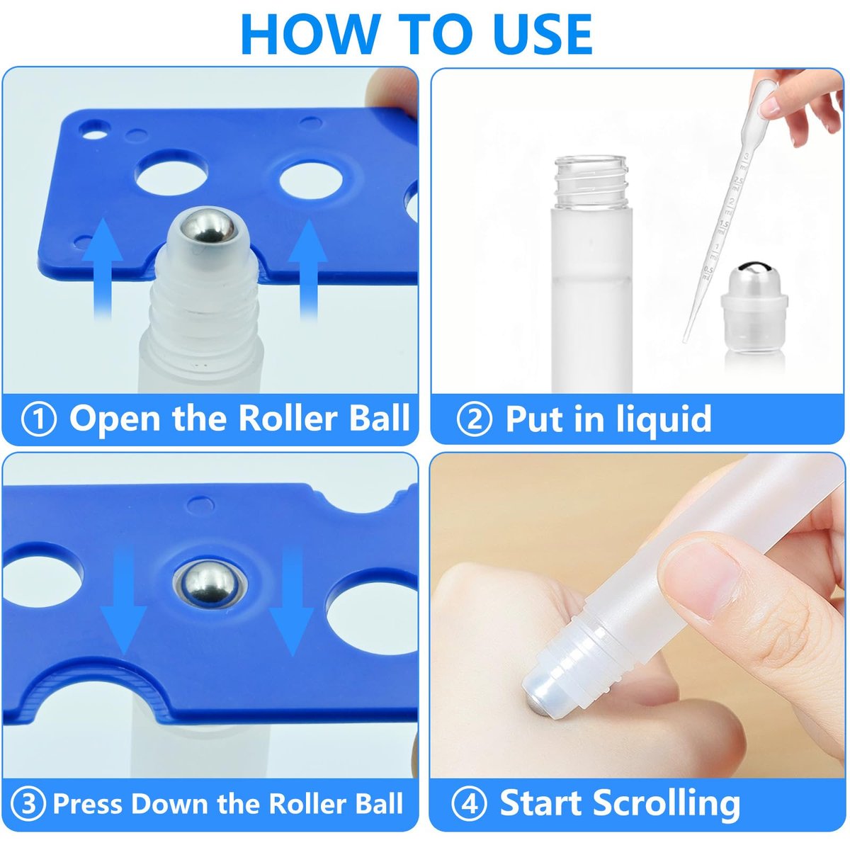 AskBed 4 Pack 0.34 Oz (10ml) Refillable Plastic Essential Oil Roller Bottles with Stainless Steel Roller Balls and Labels Avelisse