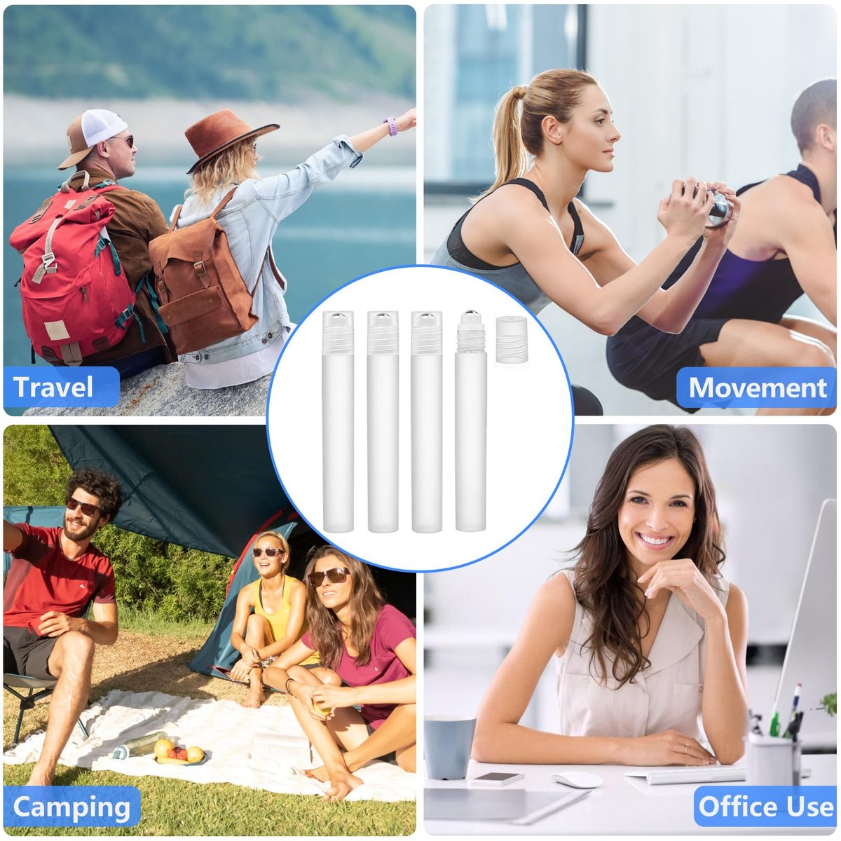 AskBed 4 Pack 0.34 Oz (10ml) Refillable Plastic Essential Oil Roller Bottles with Stainless Steel Roller Balls and Labels Avelisse