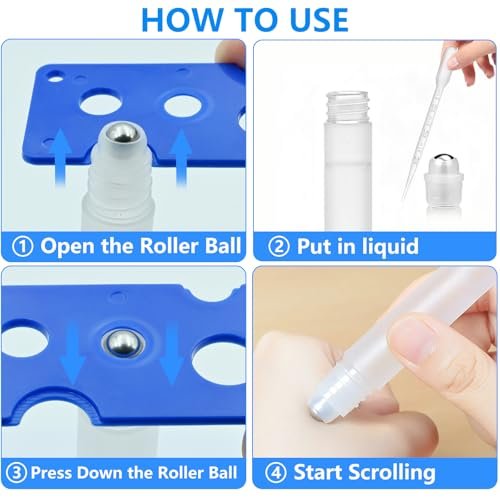 AskBed 4 Pack 0.34 Oz (10ml) Refillable Plastic Essential Oil Roller Bottles with Stainless Steel Roller Balls and Labels Avelisse