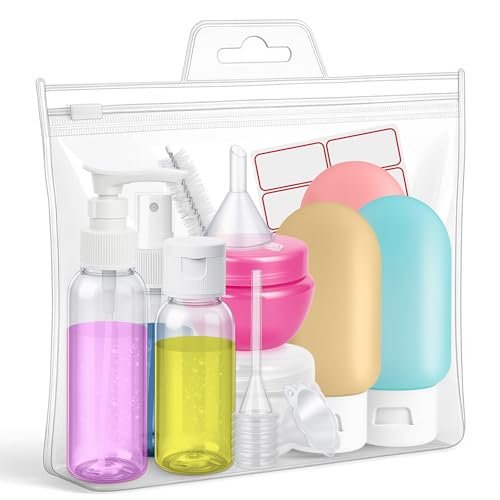 16 Pack Travel Bottles - TSA Approved Empty Toiletry Containers with Sticker Sheet, Funnels, Spray Bottle & Carry Bag - Reusable Plastic Bottles for Shampoo, Lotion, Oil & Sanitizer Avelisse