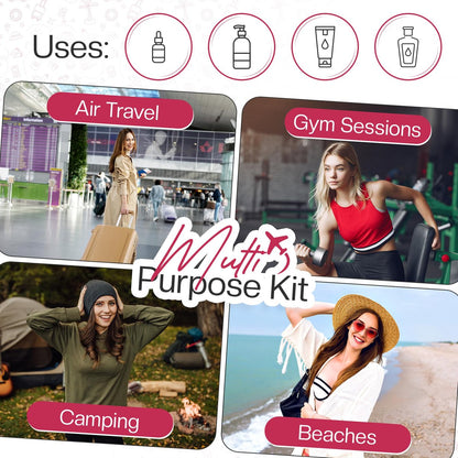 16 Pack Travel Bottles - TSA Approved Empty Toiletry Containers with Sticker Sheet, Funnels, Spray Bottle & Carry Bag - Reusable Plastic Bottles for Shampoo, Lotion, Oil & Sanitizer Avelisse