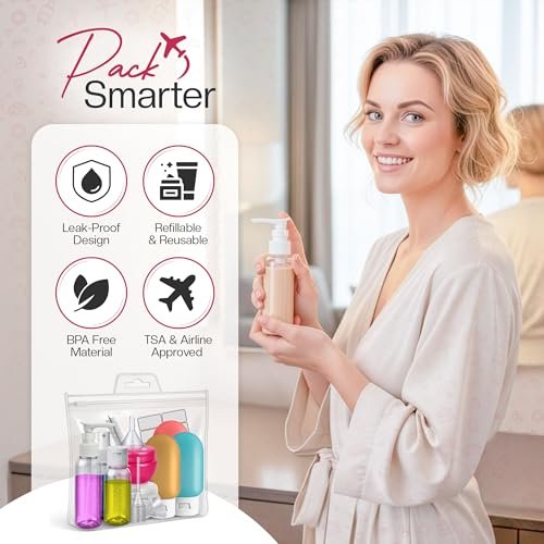 16 Pack Travel Bottles - TSA Approved Empty Toiletry Containers with Sticker Sheet, Funnels, Spray Bottle & Carry Bag - Reusable Plastic Bottles for Shampoo, Lotion, Oil & Sanitizer Avelisse