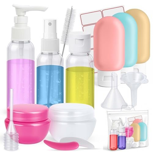 16 Pack Travel Bottles - TSA Approved Empty Toiletry Containers with Sticker Sheet, Funnels, Spray Bottle & Carry Bag - Reusable Plastic Bottles for Shampoo, Lotion, Oil & Sanitizer Avelisse