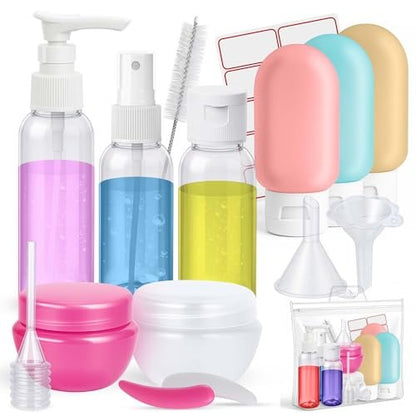 16 Pack Travel Bottles - TSA Approved Empty Toiletry Containers with Sticker Sheet, Funnels, Spray Bottle & Carry Bag - Reusable Plastic Bottles for Shampoo, Lotion, Oil & Sanitizer Avelisse