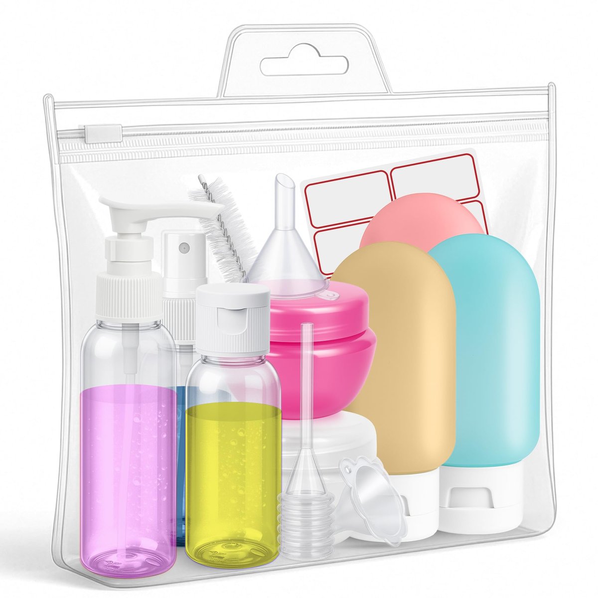 16 Pack Travel Bottles - TSA Approved Empty Toiletry Containers with Sticker Sheet, Funnels, Spray Bottle & Carry Bag - Reusable Plastic Bottles for Shampoo, Lotion, Oil & Sanitizer Avelisse
