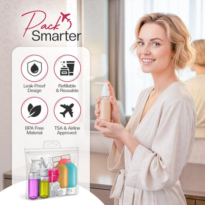 16 Pack Travel Bottles - TSA Approved Empty Toiletry Containers with Sticker Sheet, Funnels, Spray Bottle & Carry Bag - Reusable Plastic Bottles for Shampoo, Lotion, Oil & Sanitizer Avelisse