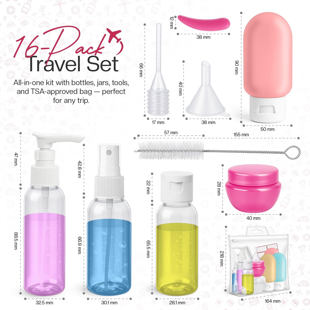 16 Pack Travel Bottles - TSA Approved Empty Toiletry Containers with Sticker Sheet, Funnels, Spray Bottle & Carry Bag - Reusable Plastic Bottles for Shampoo, Lotion, Oil & Sanitizer Avelisse
