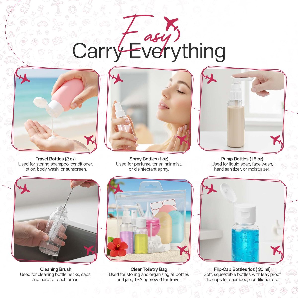 16 Pack Travel Bottles - TSA Approved Empty Toiletry Containers with Sticker Sheet, Funnels, Spray Bottle & Carry Bag - Reusable Plastic Bottles for Shampoo, Lotion, Oil & Sanitizer Avelisse