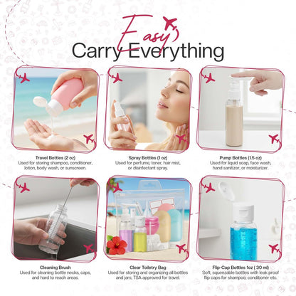 16 Pack Travel Bottles - TSA Approved Empty Toiletry Containers with Sticker Sheet, Funnels, Spray Bottle & Carry Bag - Reusable Plastic Bottles for Shampoo, Lotion, Oil & Sanitizer Avelisse