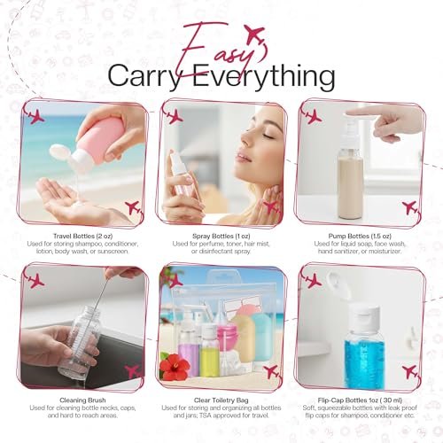 16 Pack Travel Bottles - TSA Approved Empty Toiletry Containers with Sticker Sheet, Funnels, Spray Bottle & Carry Bag - Reusable Plastic Bottles for Shampoo, Lotion, Oil & Sanitizer Avelisse