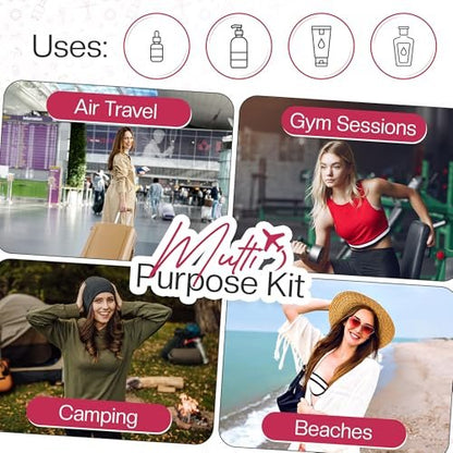 16 Pack Travel Bottles - TSA Approved Empty Toiletry Containers with Sticker Sheet, Funnels, Spray Bottle & Carry Bag - Reusable Plastic Bottles for Shampoo, Lotion, Oil & Sanitizer Avelisse