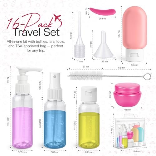 16 Pack Travel Bottles - TSA Approved Empty Toiletry Containers with Sticker Sheet, Funnels, Spray Bottle & Carry Bag - Reusable Plastic Bottles for Shampoo, Lotion, Oil & Sanitizer Avelisse
