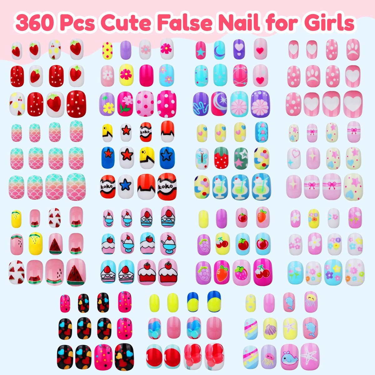Teenitor 360 Pcs Kids Press On Nails - 15 Styles 12 Sizes for Girls 8-15 Years, Fake Acrylic Nails with Adhesive Tabs, Nail File & Buffer - görsel 11