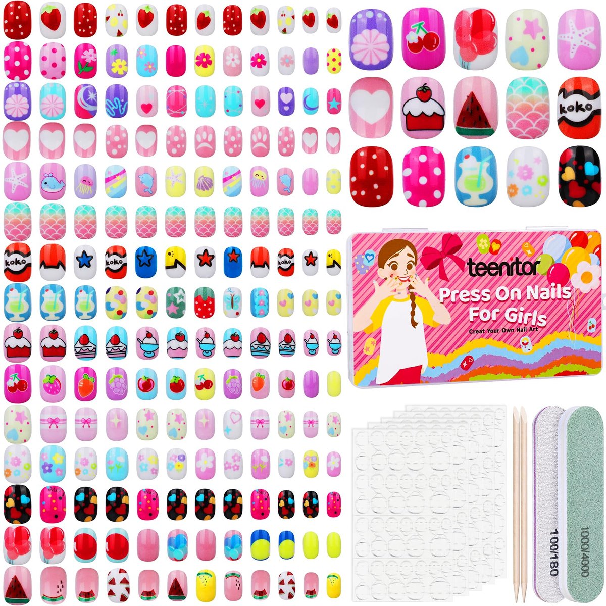 Teenitor 360 Pcs Kids Press On Nails - 15 Styles 12 Sizes for Girls 8-15 Years, Fake Acrylic Nails with Adhesive Tabs, Nail File & Buffer - görsel 1