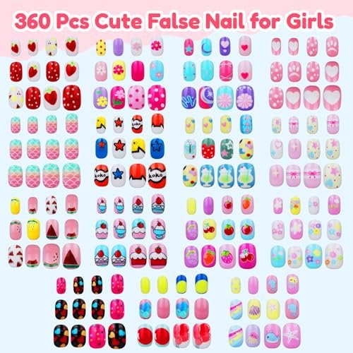 Teenitor 360 Pcs Kids Press On Nails - 15 Styles 12 Sizes for Girls 8-15 Years, Fake Acrylic Nails with Adhesive Tabs, Nail File & Buffer - görsel 12