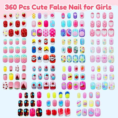 Teenitor 360 Pcs Kids Press On Nails - 15 Styles 12 Sizes for Girls 8-15 Years, Fake Acrylic Nails with Adhesive Tabs, Nail File & Buffer