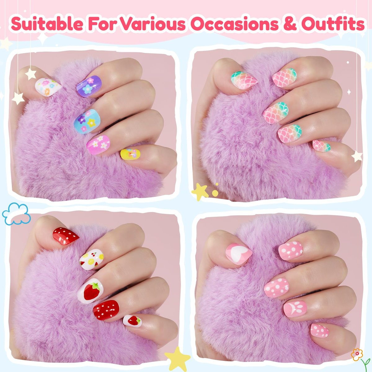 Teenitor 360 Pcs Kids Press On Nails - 15 Styles 12 Sizes for Girls 8-15 Years, Fake Acrylic Nails with Adhesive Tabs, Nail File & Buffer - görsel 7