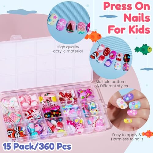 Teenitor 360 Pcs Kids Press On Nails - 15 Styles 12 Sizes for Girls 8-15 Years, Fake Acrylic Nails with Adhesive Tabs, Nail File & Buffer - görsel 14