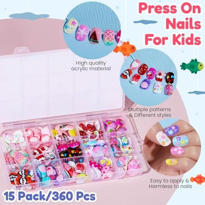 Teenitor 360 Pcs Kids Press On Nails - 15 Styles 12 Sizes for Girls 8-15 Years, Fake Acrylic Nails with Adhesive Tabs, Nail File & Buffer