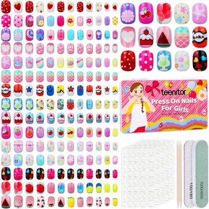 Teenitor 360 Pcs Kids Press On Nails - 15 Styles 12 Sizes for Girls 8-15 Years, Fake Acrylic Nails with Adhesive Tabs, Nail File & Buffer