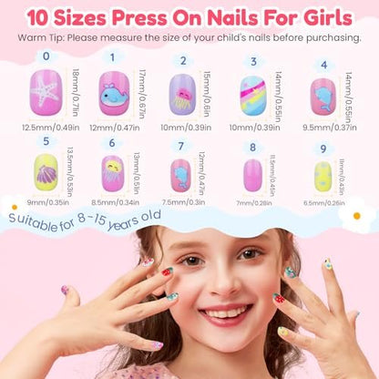 Teenitor 360 Pcs Kids Press On Nails - 15 Styles 12 Sizes for Girls 8-15 Years, Fake Acrylic Nails with Adhesive Tabs, Nail File & Buffer
