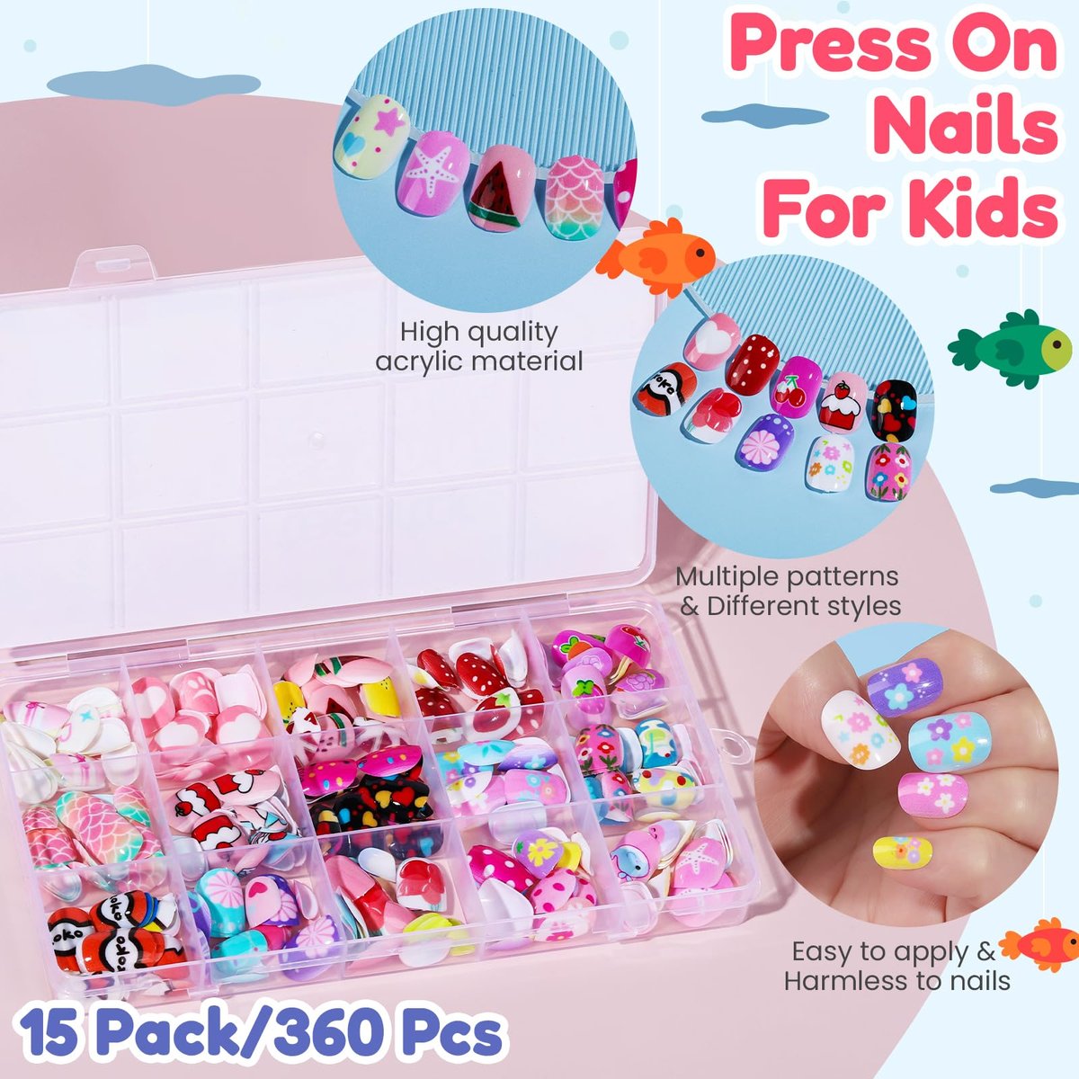 Teenitor 360 Pcs Kids Press On Nails - 15 Styles 12 Sizes for Girls 8-15 Years, Fake Acrylic Nails with Adhesive Tabs, Nail File & Buffer - görsel 13