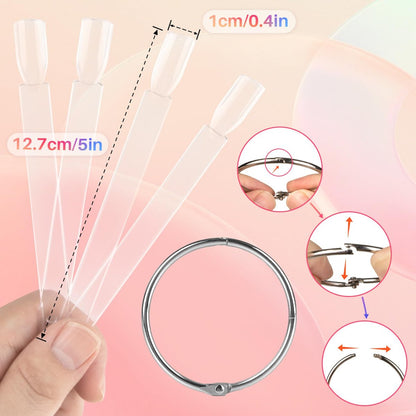 RAQEHO 200PCS Clear Nail Swatch Sticks with Ring - Acrylic Fan Shape Nail Polish Display, Practice Stick for Beginners & Professionals