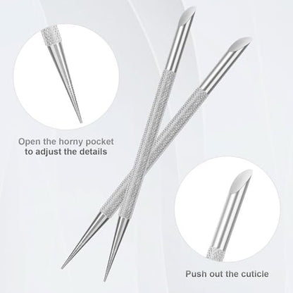 Clofiak 2Pcs Stainless Steel Cuticle Pusher Tool for Manicure & Pedicure - Professional Nail Cleaning and Cuticle Care
