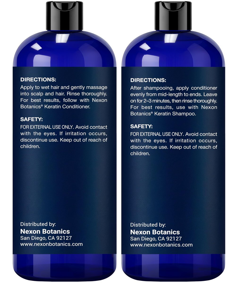 Keratin Shampoo and Conditioner Set - Strengthening & Smoothing Care for Dry, Damaged, Frizzy or Keratin-Treated Hair - Color Protecting - 16 fl oz Each - Nexon Botanics Avelisse