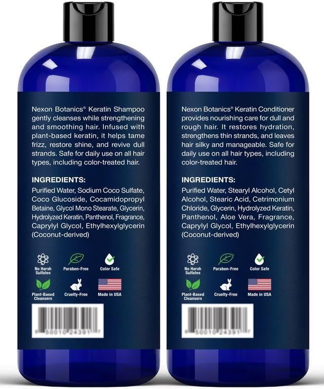 Keratin Shampoo and Conditioner Set - Strengthening & Smoothing Care for Dry, Damaged, Frizzy or Keratin-Treated Hair - Color Protecting - 16 fl oz Each - Nexon Botanics Avelisse