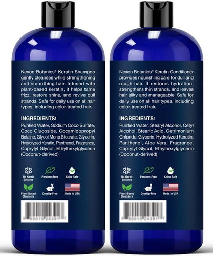 Keratin Shampoo and Conditioner Set - Strengthening & Smoothing Care for Dry, Damaged, Frizzy or Keratin-Treated Hair - Color Protecting - 16 fl oz Each - Nexon Botanics Avelisse