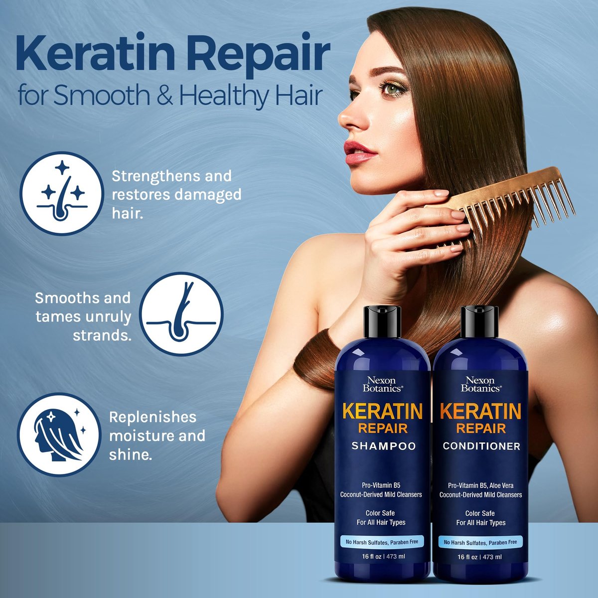 Keratin Shampoo and Conditioner Set - Strengthening & Smoothing Care for Dry, Damaged, Frizzy or Keratin-Treated Hair - Color Protecting - 16 fl oz Each - Nexon Botanics Avelisse