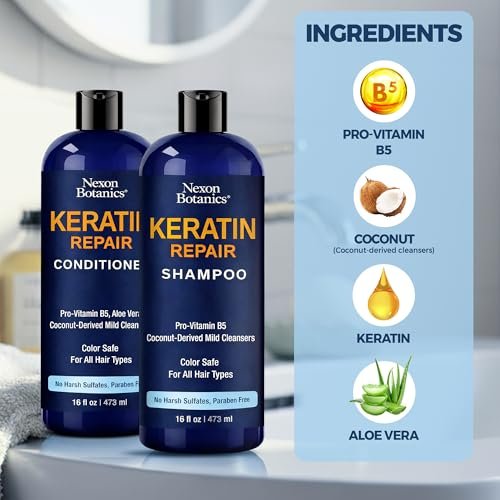 Keratin Shampoo and Conditioner Set - Strengthening & Smoothing Care for Dry, Damaged, Frizzy or Keratin-Treated Hair - Color Protecting - 16 fl oz Each - Nexon Botanics Avelisse