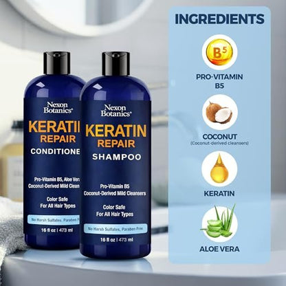 Keratin Shampoo and Conditioner Set - Strengthening & Smoothing Care for Dry, Damaged, Frizzy or Keratin-Treated Hair - Color Protecting - 16 fl oz Each - Nexon Botanics Avelisse