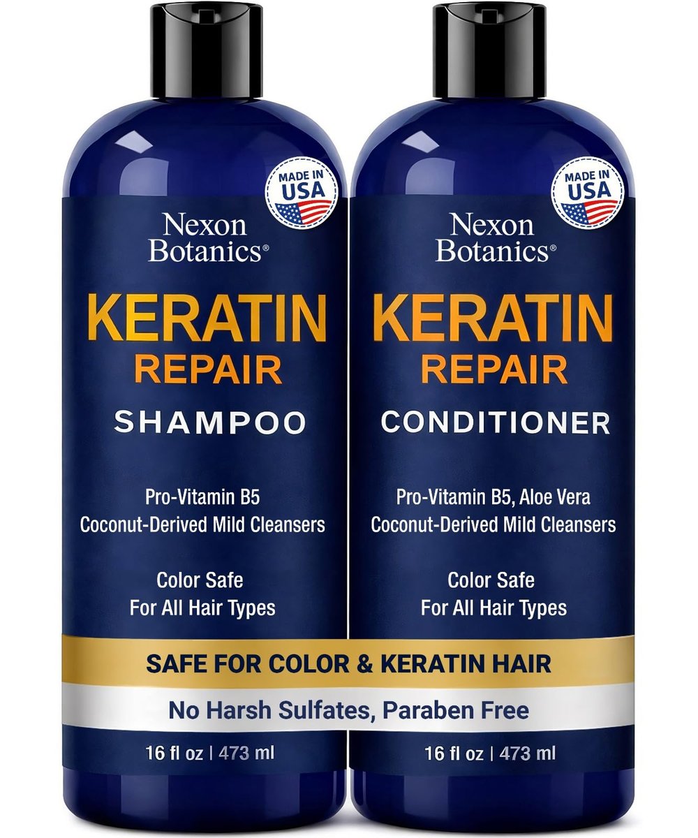 Keratin Shampoo and Conditioner Set - Strengthening & Smoothing Care for Dry, Damaged, Frizzy or Keratin-Treated Hair - Color Protecting - 16 fl oz Each - Nexon Botanics Avelisse
