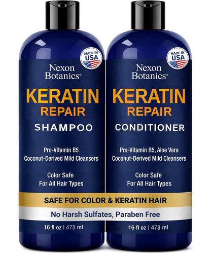 Keratin Shampoo and Conditioner Set - Strengthening & Smoothing Care for Dry, Damaged, Frizzy or Keratin-Treated Hair - Color Protecting - 16 fl oz Each - Nexon Botanics Avelisse