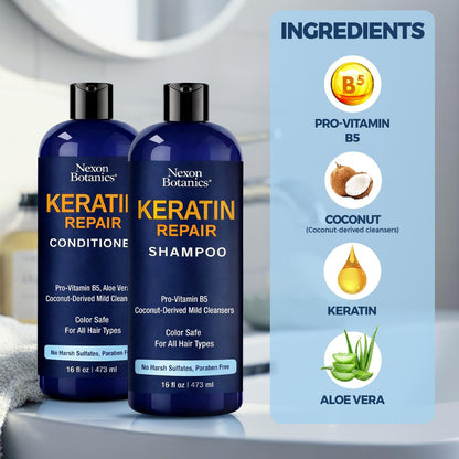 Keratin Shampoo and Conditioner Set - Strengthening & Smoothing Care for Dry, Damaged, Frizzy or Keratin-Treated Hair - Color Protecting - 16 fl oz Each - Nexon Botanics Avelisse