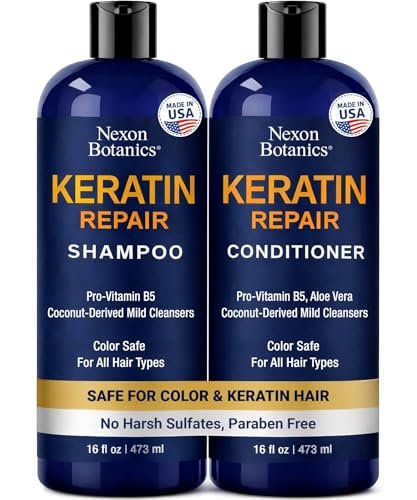 Keratin Shampoo and Conditioner Set - Strengthening & Smoothing Care for Dry, Damaged, Frizzy or Keratin-Treated Hair - Color Protecting - 16 fl oz Each - Nexon Botanics Avelisse