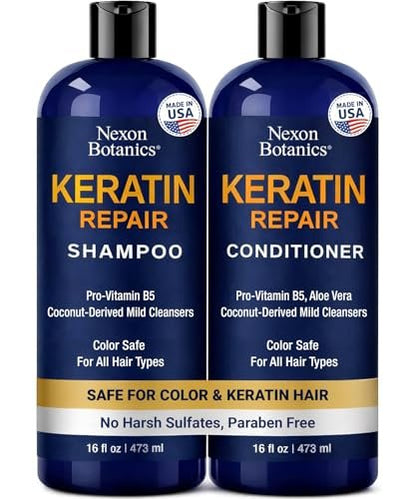 Keratin Shampoo and Conditioner Set - Strengthening & Smoothing Care for Dry, Damaged, Frizzy or Keratin-Treated Hair - Color Protecting - 16 fl oz Each - Nexon Botanics Avelisse